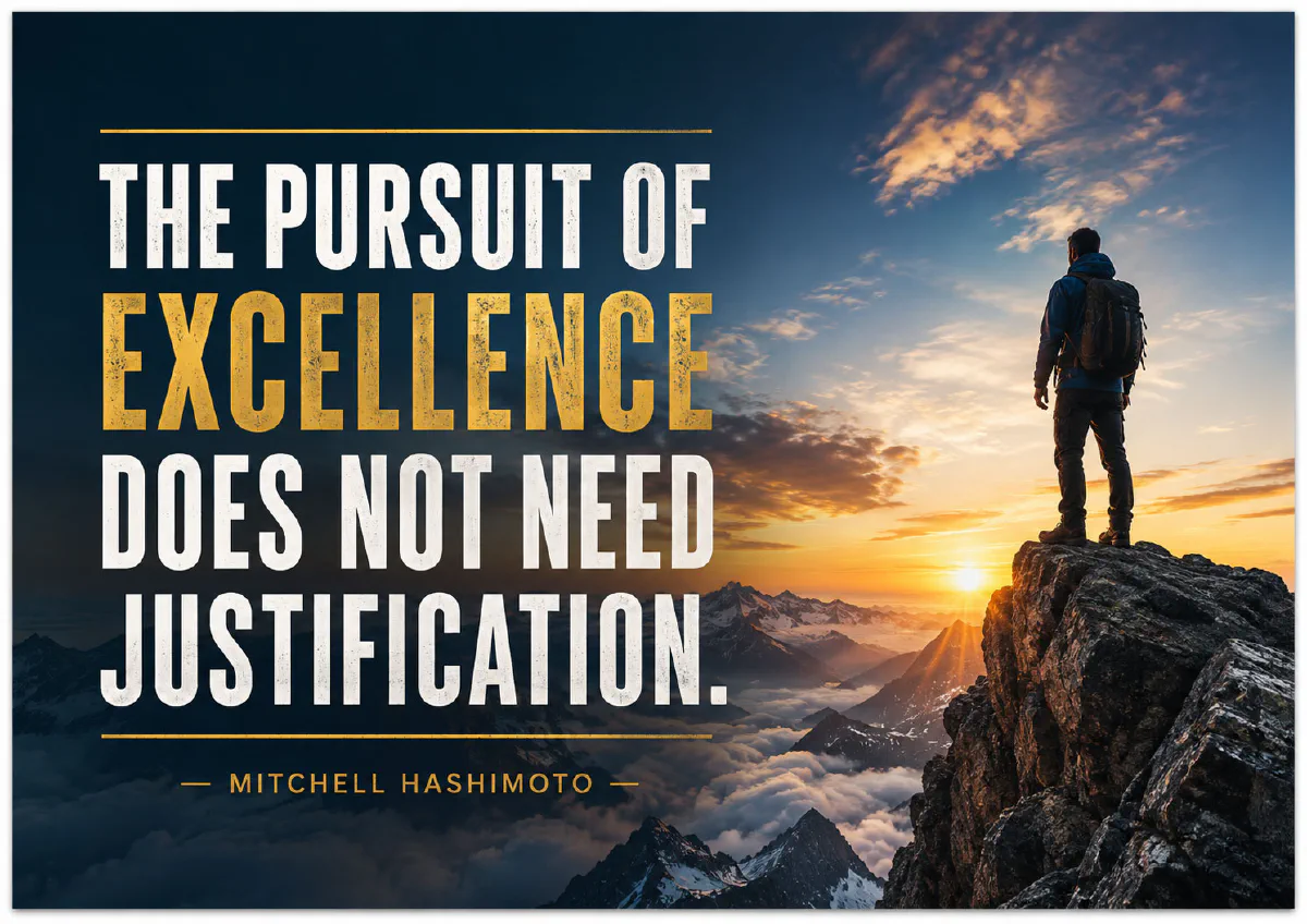 Inspirational poster. A hiker stands on a mountain summit above the clouds at sunrise. The text reads The pursuit of excellence does not need justification. Mitchell Hashimoto.
