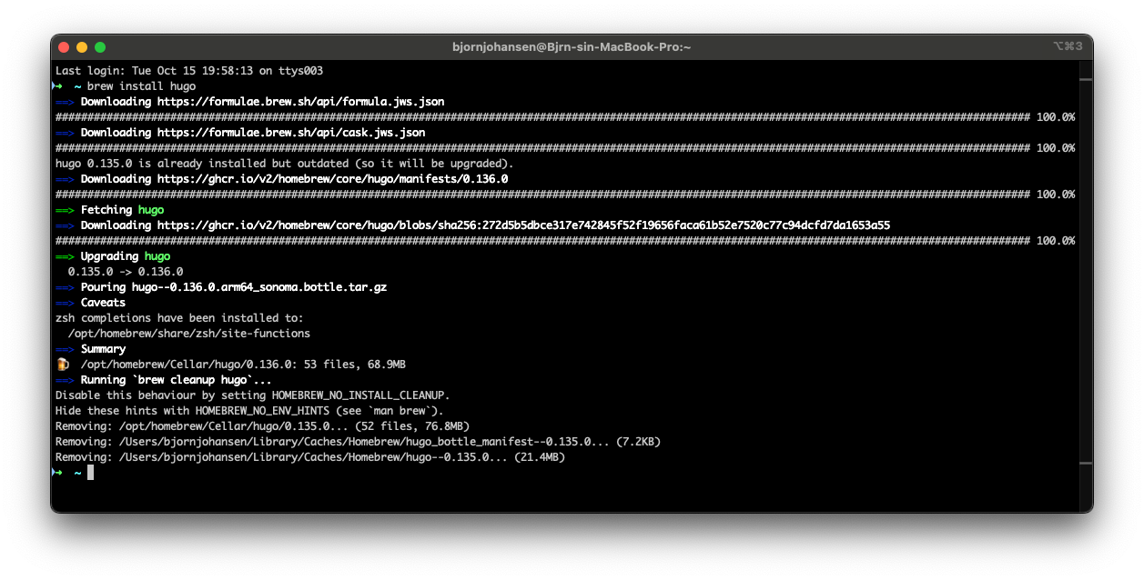 Screenshot of shell when installing Hugo with Homebrew