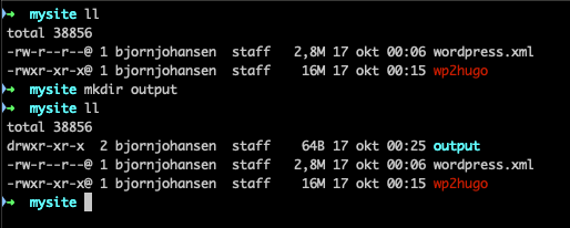 Screenshot of directory containing the wordpress.xml file, the wp2hugo file and the empty output dir